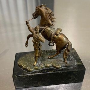 small bronze rearing horse with soldier, signed C. Kauba, mounted to marble base